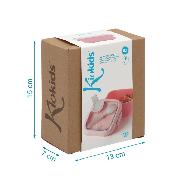 Kiokids Caja almuerzo rosa con cuchara gris