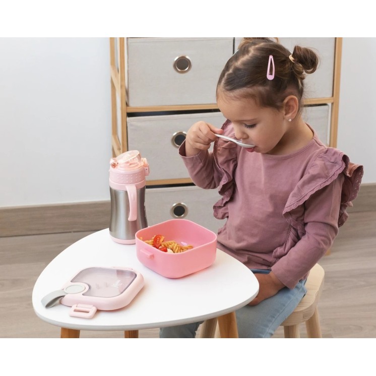 Kiokids Caja almuerzo rosa con cuchara gris