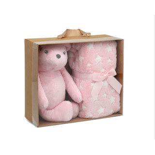 Kiokids Set de Regalo: Peluche Oso Rosa y Manta de Estrellas
