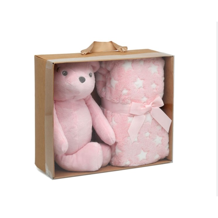 Kiokids Set de Regalo: Peluche Oso Rosa y Manta de Estrellas